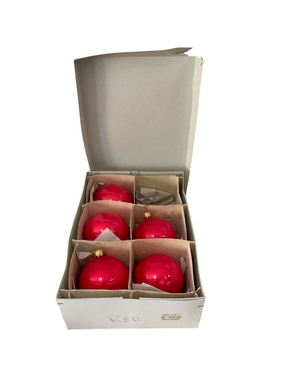 Vintage Red Glass Christmas Ornaments Made In Germany Set Of 5 w Box 4 Inch